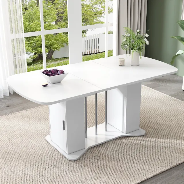 COVREO Eettafel 160x80x75 cm – wit MDF, zilverkleurige poten, uitschuifbaar met opbergruimte