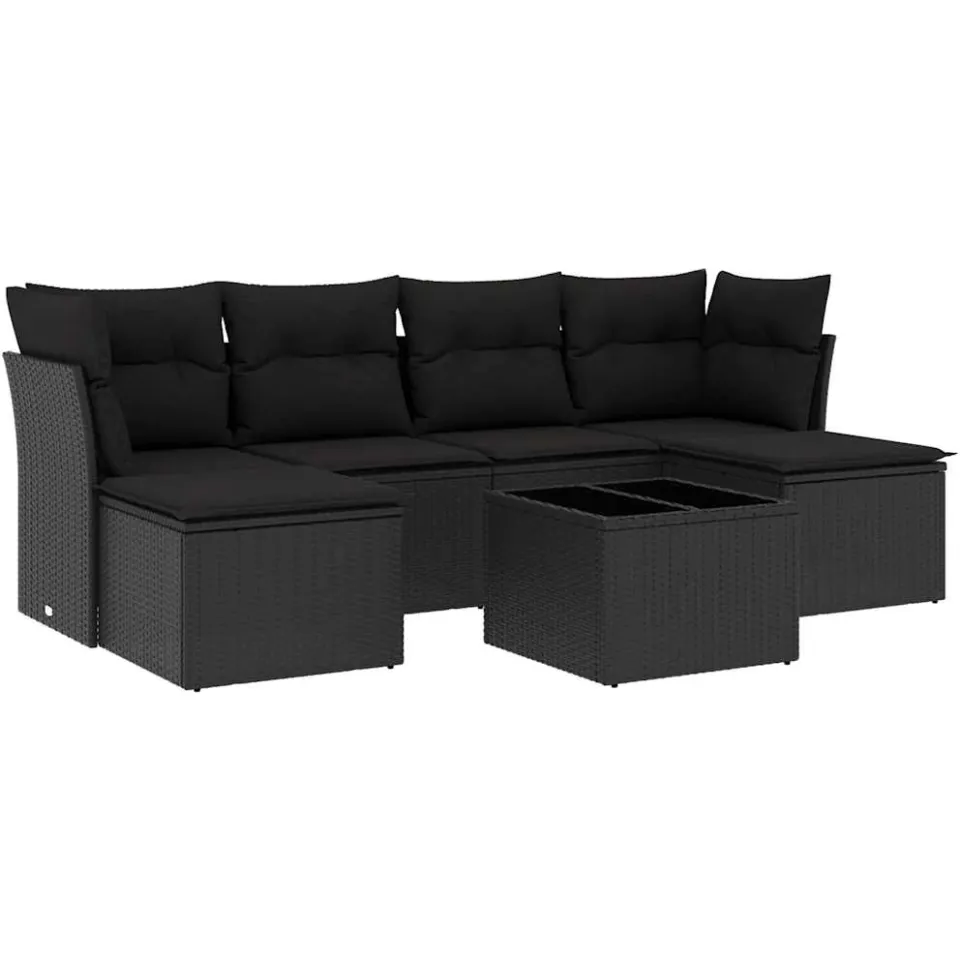 vidaXL 7-delige Loungeset met kussens poly rattan zwart
