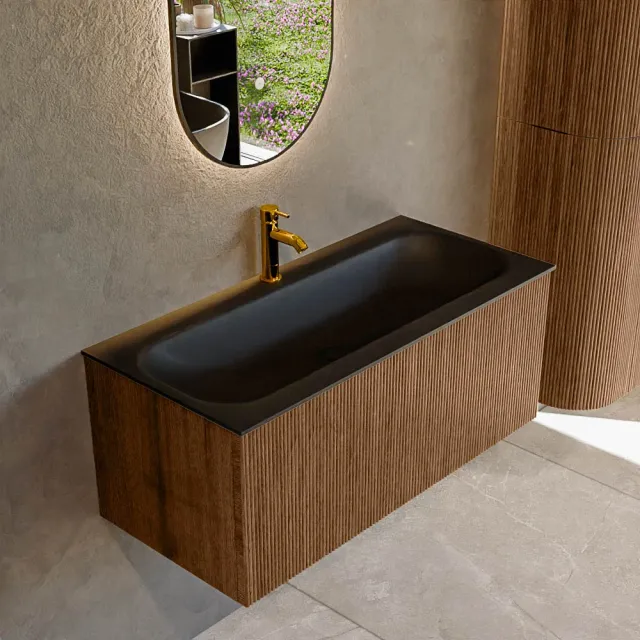 Mondiaz KURVE 100 cm Onderkast Greeploos 1 Lade Zonder Deuren Walnut, Wastafel Solid Surface Volledig Urban 1 Kraangat Zonder Spiegel (KRVBGM1001L0D1KM-Wal/Urb)