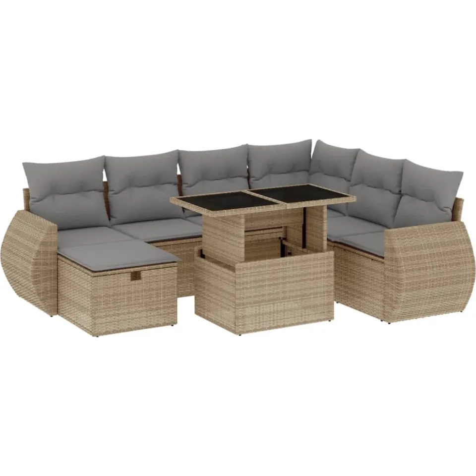 vidaXL 8-delige Loungeset met kussens poly rattan beige, foto 3