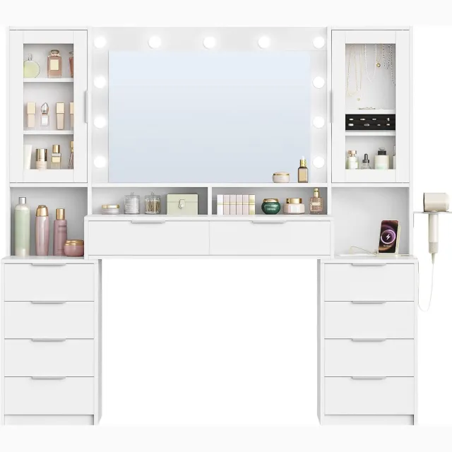 HILINSIE Kaptafel - Make up Tafel - Kaptafel met Spiegel en Verlichting - van 150 cm - Stekkerdoos - 11 Ledlampen - Driekleurige Lichtregeling - 10 Lades - Wit-Zilver - 40 × 150 × 145 cm -Sieradenopbergruimte