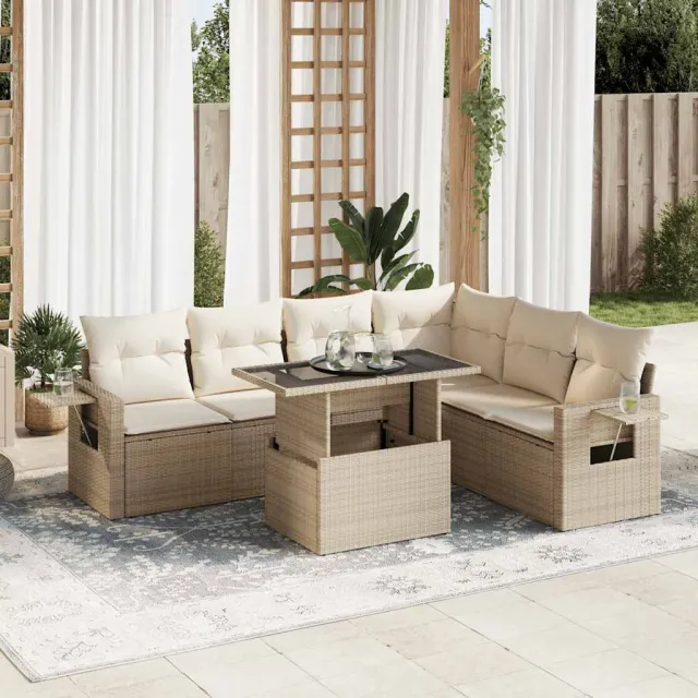 vidaXL 7-delige Loungeset met kussens poly rattan beige, foto 2