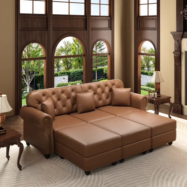 VVBV Chesterfield 3-Zitsbank 210 cm met 3 Poefs - Kunstleer - Pocketvering Zitting & Knoopcapitonnage - Bruin