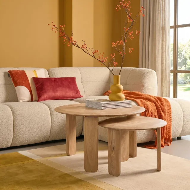 Woonexpress Slide Salontafel Set 2 Stuks Mangohout Whitewash Rond Modern Hout - Mango/Hout - Naturel