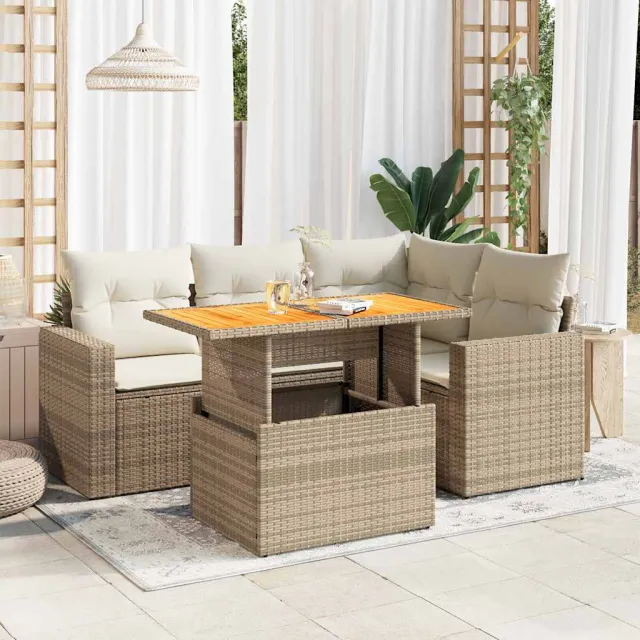 vidaXL 5-delige Loungeset met kussens poly rattan beige, foto 2