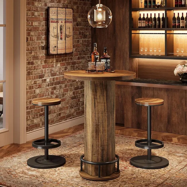 Tribesigns Ronde Bartafel – Industriële Bartafel met Stoelen – Cocktailtafel in barstijl met Metalen Ringvoetsteun voor Keukenhoek, Appartement Rustiek Bruin