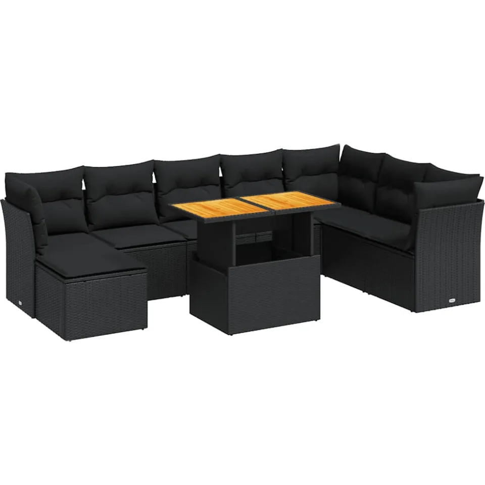 vidaXL 9-delige Loungeset met kussens poly rattan zwart, foto 3