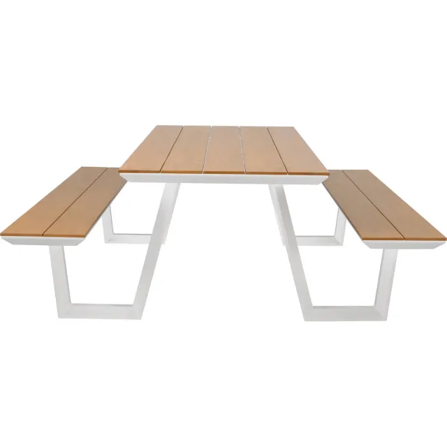 Axi Nori Picknicktafel met 2 banken Wit met Teak-look Polywood – Gepoedercoat aluminium frame – Tafel en banken met Polywood tafelblad en zitvlak - 200x190cm