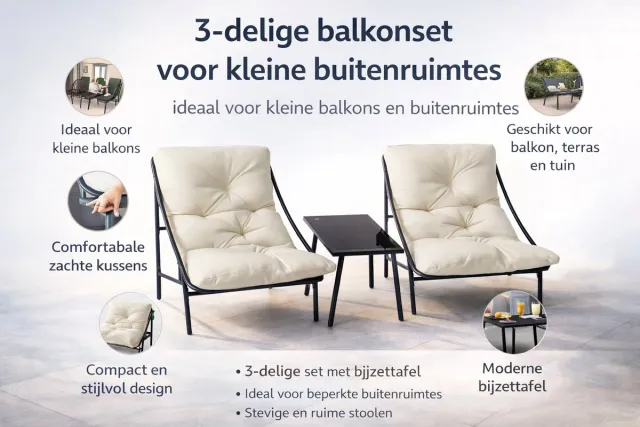 Velourra Balkonmeubelset voor kleine balkons, tuinmeubelset, 3-delige balkonmeubelset, tuintafel en stoelenset met kussens en salontafel voor terras, balkon, tuin wit