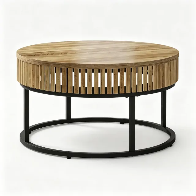 REDOM Ronde salontafel Ø 80 cm - MDF tafelblad en zwart metalen onderstel - Zwart/lichtbruin Bruin en zwart