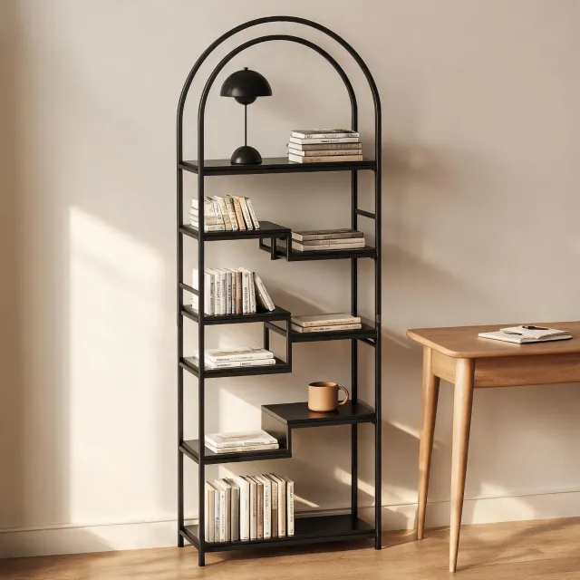 HOERFURIY Zwart boogvormig boekenrek 60 × 30 × 170 cm, houtlook met zwart metalen frame, decoratief rek voor woonkamer