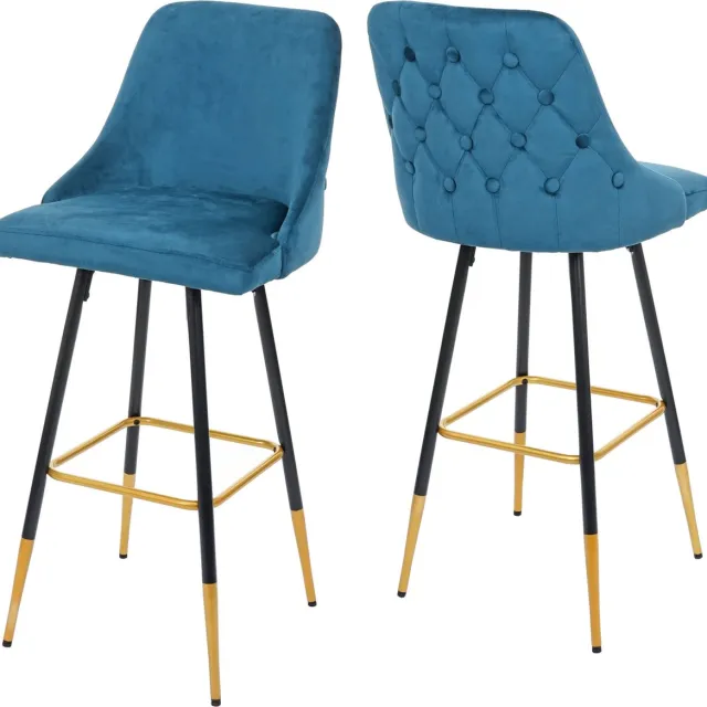 MCW Set van 2 barkrukken MCW-E70, barkruk tegenkruk, retro design fluwelen gouden stokjes/pootjes ~ petrol-blauw