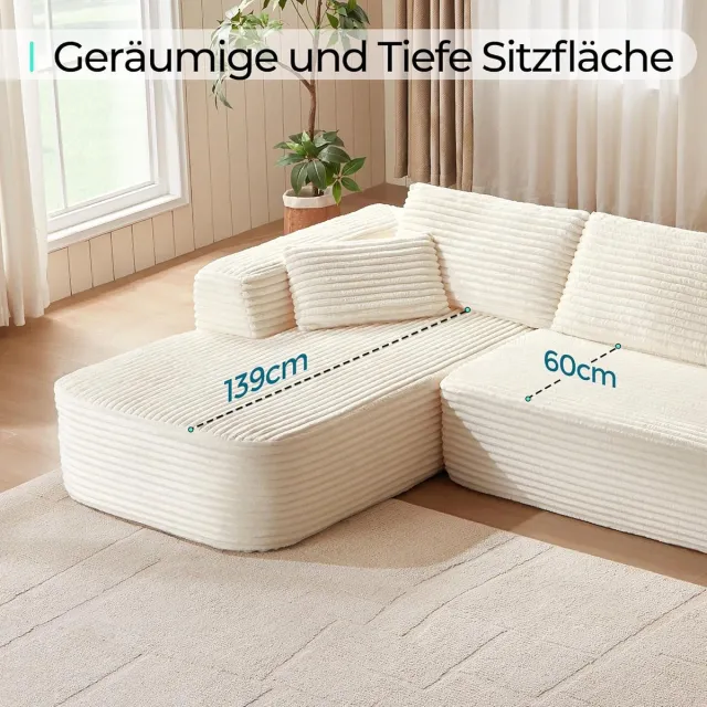 Laura Hoekbank L-vormig 270x176x57 cm – Modulaire 3-zits Slaapbank van Corduroy met Chaise Longue, Diepe Zitting 60 cm, Luxe Cloud Comfort – Beige | Laura