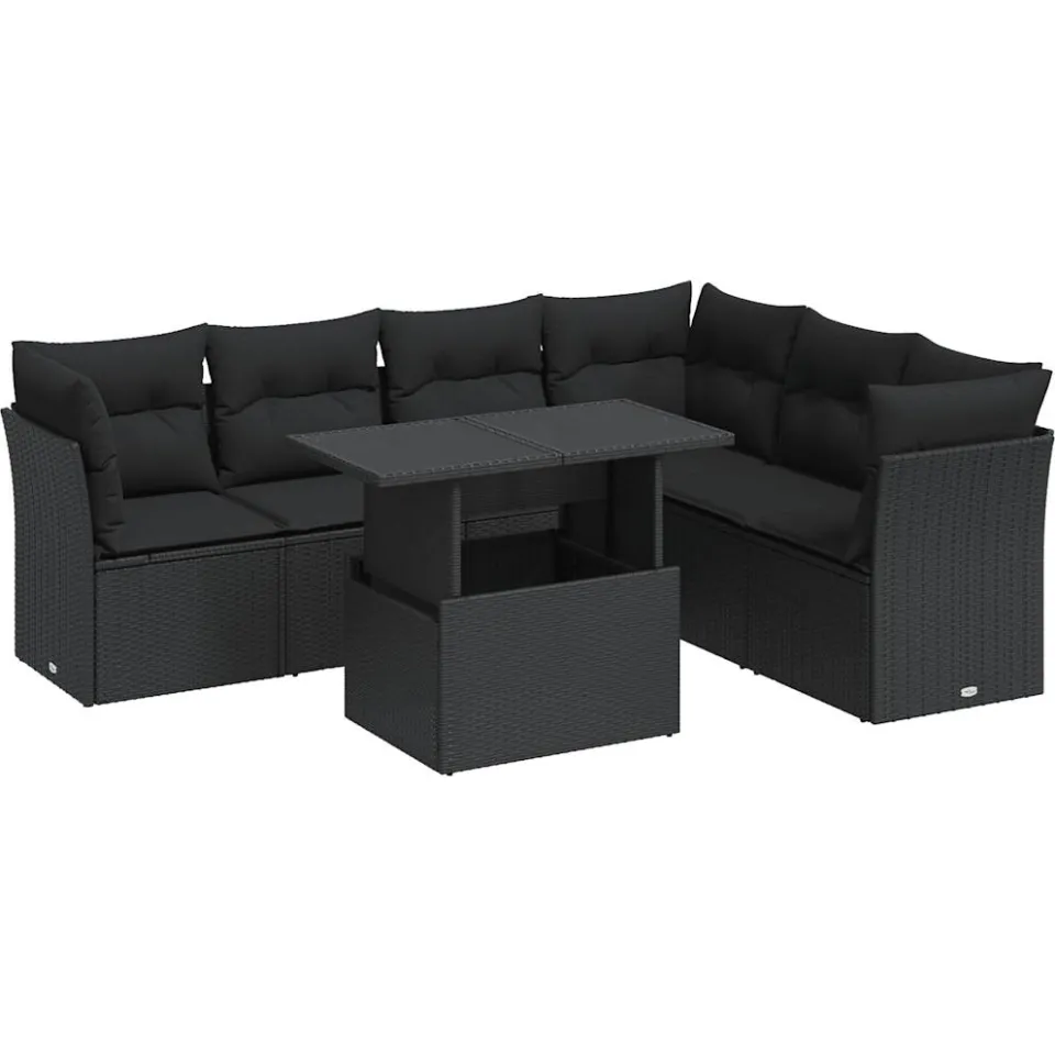 vidaXL 7-delige Loungeset met kussens poly rattan zwart, foto 3