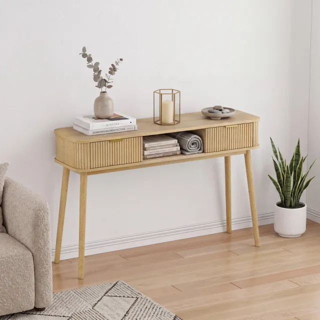 HAUSS SPOLE Sidetable - Twee Lades En Open Opbergvak - Voor Hal En Woonkamer - MDF En Spaanplaat - Eikenlook - 120x35x77,5 Cm