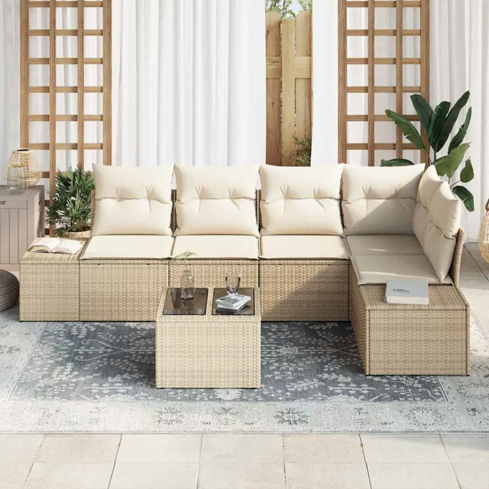 vidaXL Tuinbankenset met opslag Beige en Crème poly rattan, foto 3