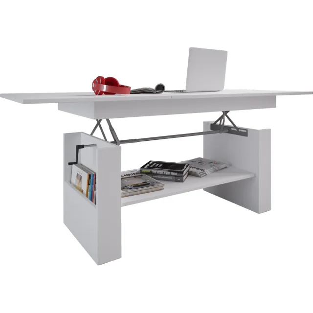 Vcm Kobila salontafel met in hoogte verstelbaar tafelblad, 1 legplank en 2 vakkenwit.