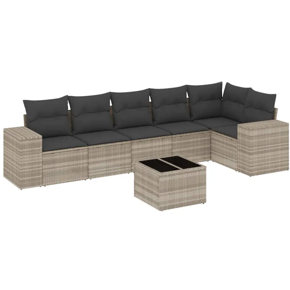 vidaXL 7-delige Loungeset met kussens poly rattan lichtgrijs