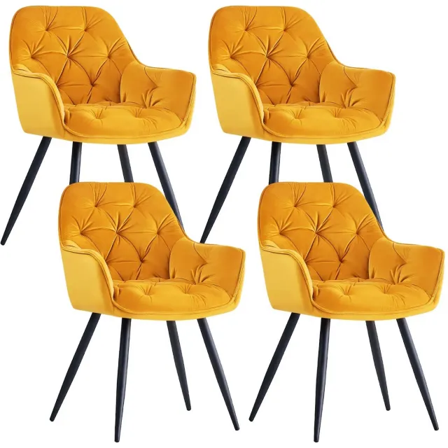 Whoopr® Set van 4 Fluwelen Eetkamerstoelen met Armleuningen – Gestoffeerde Stoelen met Dikke Zitting en Rugleuning – Moderne Accentstoelen met Metalen Poten – Voor Eetkamer, Woonkamer & Lounge Geel