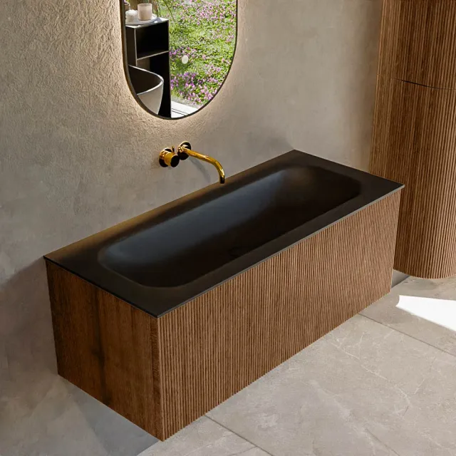Mondiaz KURVE 110 cm Onderkast Greeploos 1 Lade Zonder Deuren Walnut, Wastafel Solid Surface Volledig Urban 0 Kraangaten Zonder Spiegel (KRVBGM1101L0D0KM-Wal/Urb)
