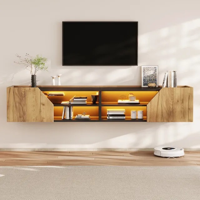 Sweiko TV-meubel - Wandmodel kast - LED-verlichting - MDF - 180 x 36.5 x 40cm - Zwart + Naturel
