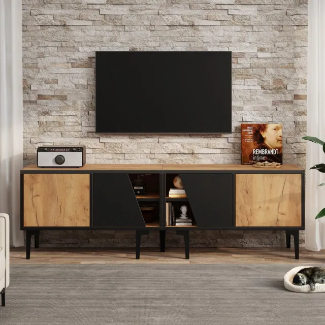 Clruro TV Meubel - 160x36,5x45 cm - Voor 65 Inch TV - 4 Vakken en 7 Poten - Minimalistisch - Natuurlijk Hout