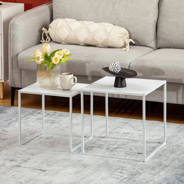 MODENUIT Salontafel Set van 2 - Vierkant Ontwerp Met Stalen Frame - Voor Woonkamer - Wit - 40x40x40 Cm