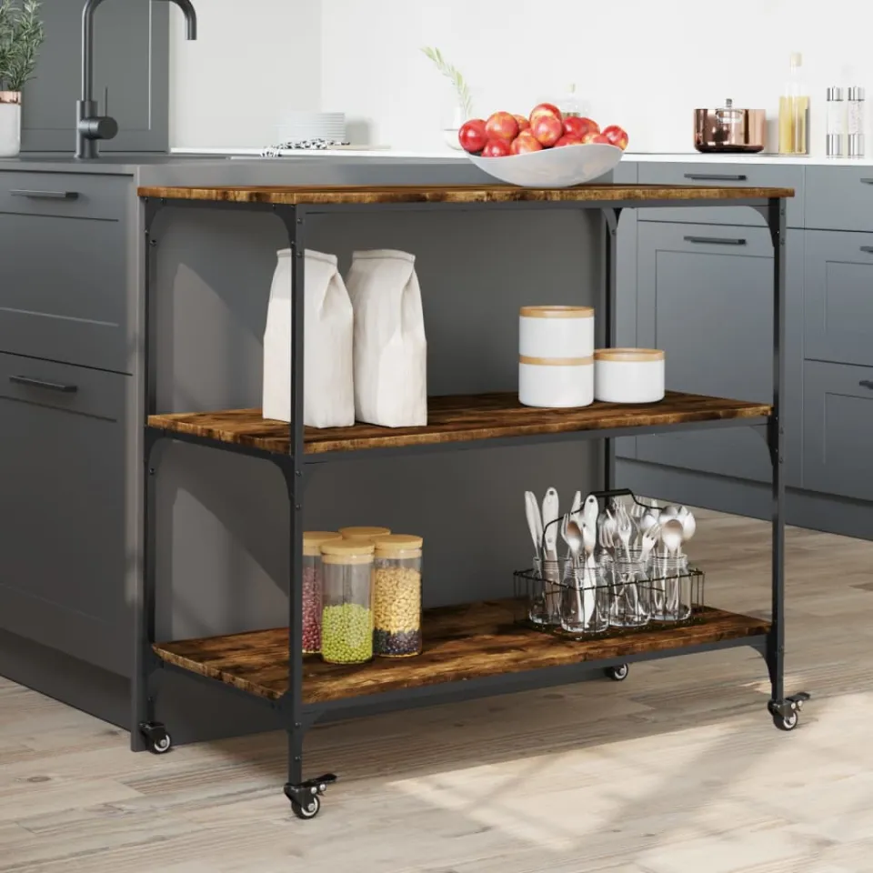 vidaXL Keukentrolley 102x50x95 cm bewerkt hout gerookt eikenkleurig, foto 4