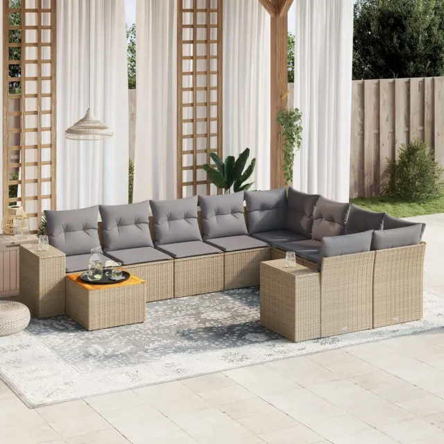 vidaXL 10-delige Loungeset met kussens poly rattan beige, foto 2