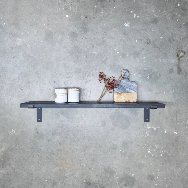 GoudmetHout Wandplank Industrieel - 140 x 20 cm Muurplank - Zwart Eiken Hout - Decoratie Wandrek & Boekenrek - Hangplank Keuken - Wall Shelf + 2 Mat Blanke Plankdragers van Staal Zwart - Mat blank - 20 cm