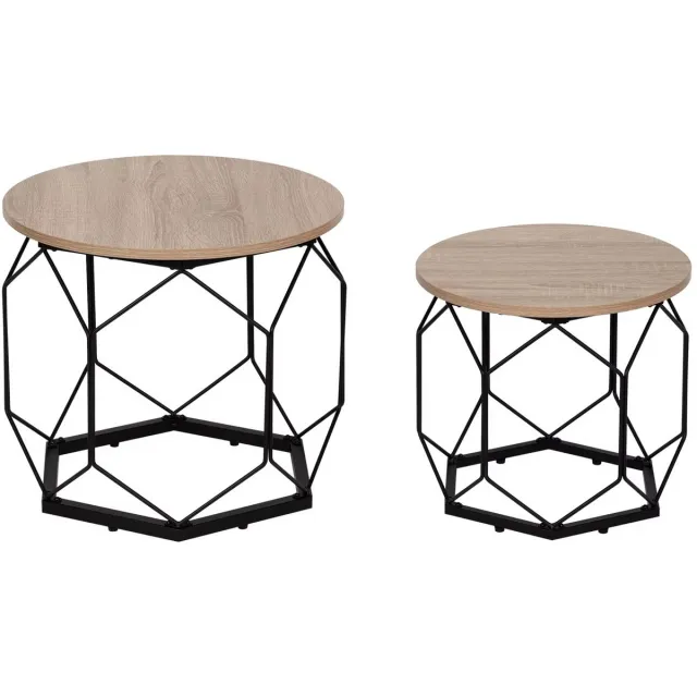 Stervia Salontafel Set van 2 – Ronde Bijzettafels – Met Opbergruimte – Afneembaar Blad - Vintage Houtlook – Eikenhout - 50 x 45 cm