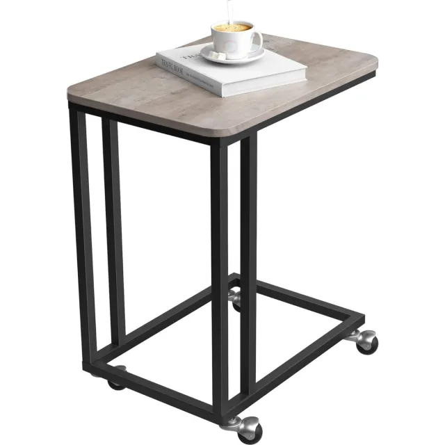 FurnStar Bijzettafel - Banktafel met Wieltjes - C-Vorm - Mobiele Koffietafel - 35 x 50 x 60 cm - Woonkamertafel met Metalen Frame - Voor Koffie en Laptop - Industrieel Design - Greige-Zwart