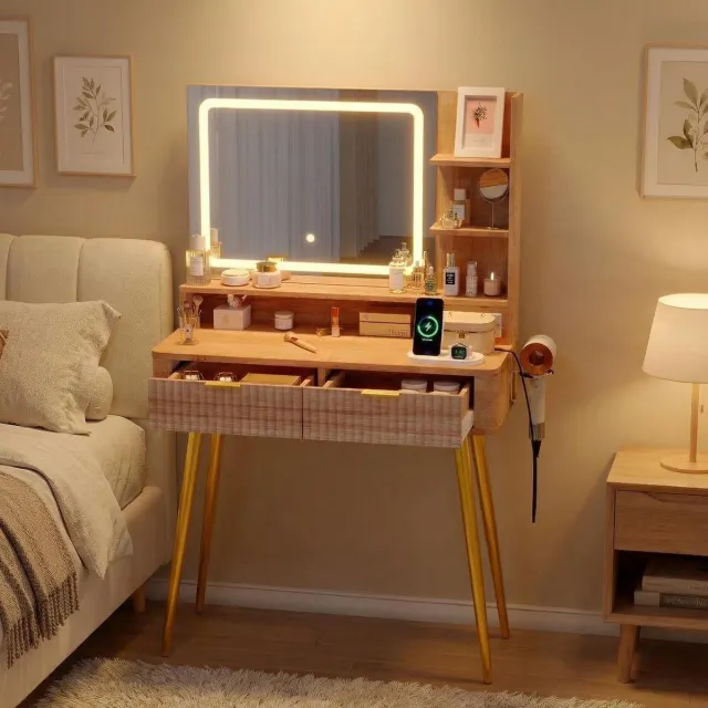 HOERFURIY Make-up Tafel met Verstelbare LED Spiegel & Stopcontacten - Kaptafel met 2 Lades en 3 Open Vakken - Naturel - Voor Slaapkamer
