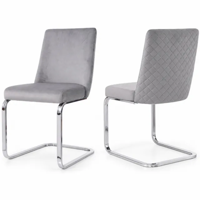 City long dragon LONG DRAGON - Velvet eetkamerstoelen - Set van 2 - Ruitpatroon op rugleuning - Zilverkleurige metalen poten - Voor woonkamer en slaapkamer - Grijs + Zilver