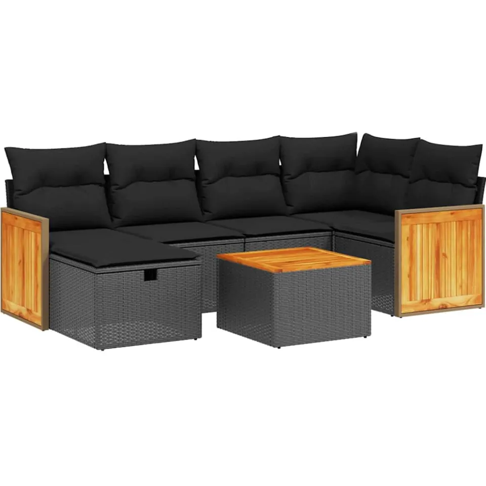 vidaXL 7-delige Loungeset met kussens poly rattan zwart, foto 3