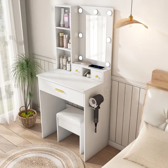 Wishdor Kaptafel met spiegel - LED-verlichting 3 modi - stopcontact - föhnhouder - lades - opbergvak - wit - 60 x 38 x 131,5 cm