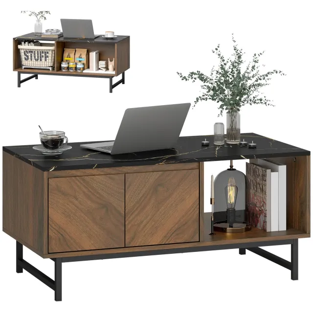 Bresht Salontafel - Bijzettafel - Opbergruimte - 2 kastdeuren - Luxe uitstraling - Modern - Zwart marmerlook - 100 x 50 x 45,7 cm Houtlook