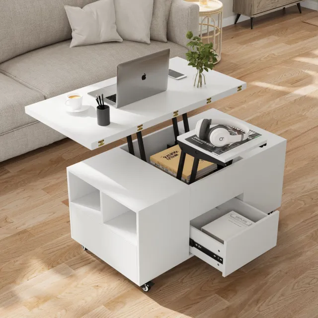 VOWNER in hoogte verstelbare 4-in-1 salontafel, om te vormen tot eettafel, met opbergruimte en 4 krukjes, 106x106x68 cm, wit