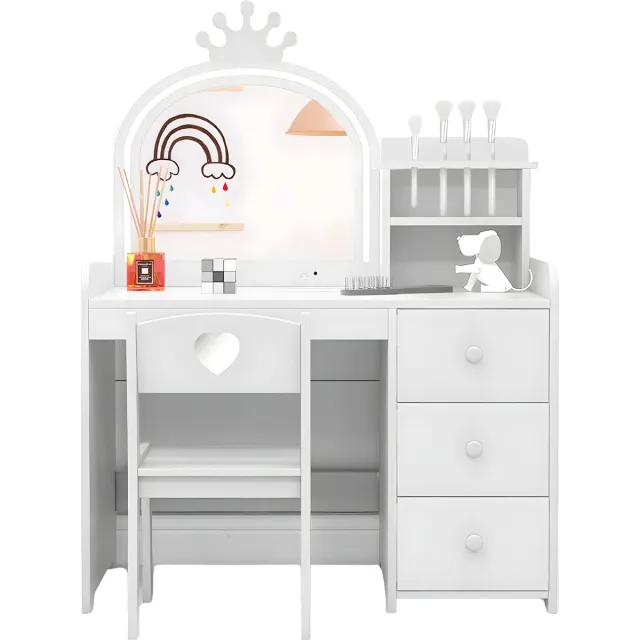 Happiq Princess Kinder Kaptafelset - Voor Meisjeskamer - Kaptafel met Stoel, Verlichte Drievoudig Opklapbare Spiegel & 3 Laden - Met Opbergplanken - Wit White