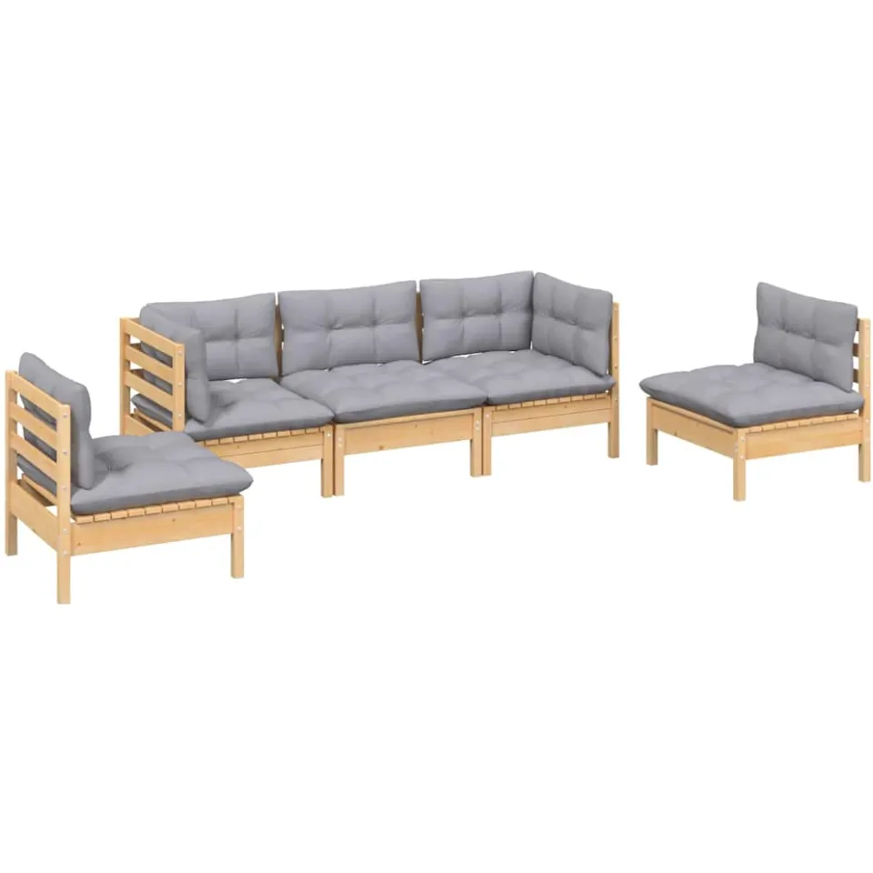 vidaXL 5-delige Loungeset met grijze kussens massief grenenhout Grijs
