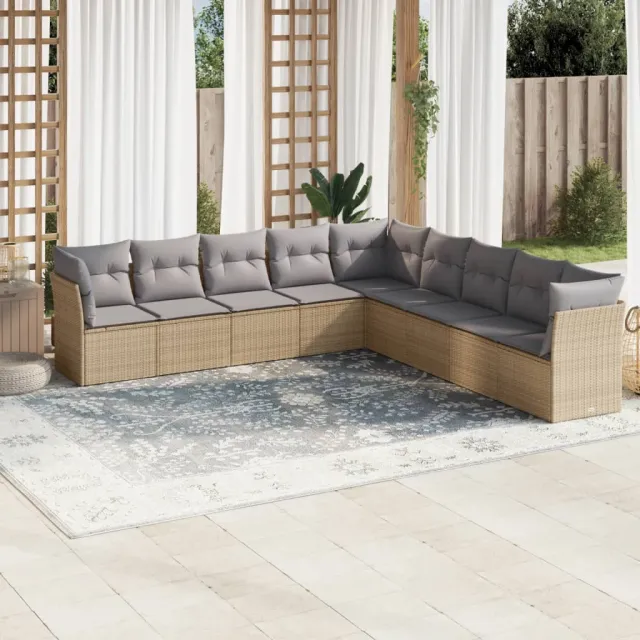 vidaXL 9-delige Loungeset met kussens poly rattan beige, foto 2