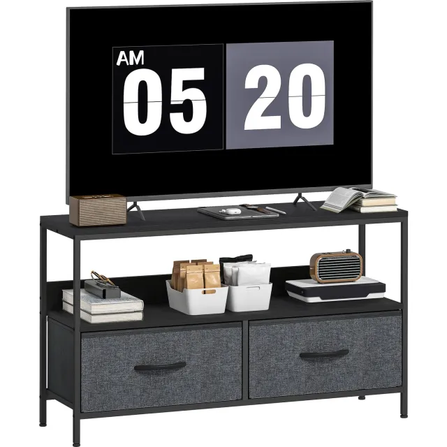 Lunpog TV-meubel, tv-kast voor televisies tot 47 inch met 2 lades en stalen poten, 98 x 29 x 56 cm, zwart+donkergrijs