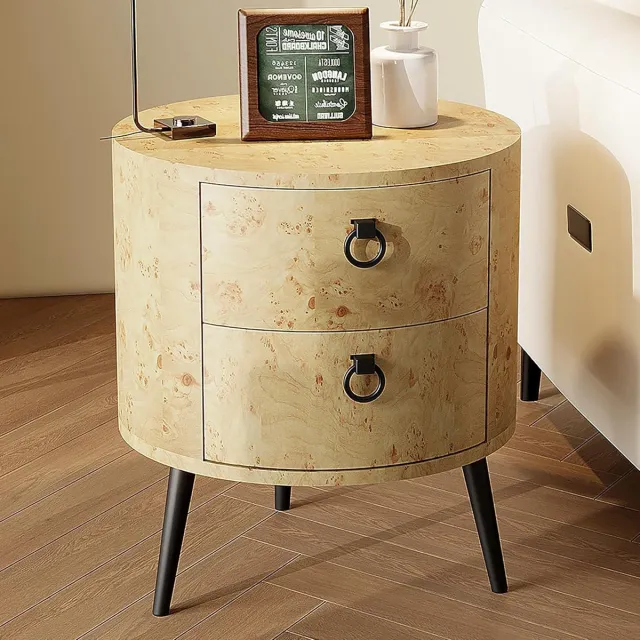 Danky Ronde Bijzettafel & Nachtkastje - 47 cm - Met 2 Lades - Industrieel Design - Houtlook met Zwarte Metalen Poten - 55 cm Hoog