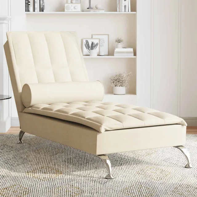 vidaXL Massage chaise longue met bolster stof crèmekleurig, foto 2