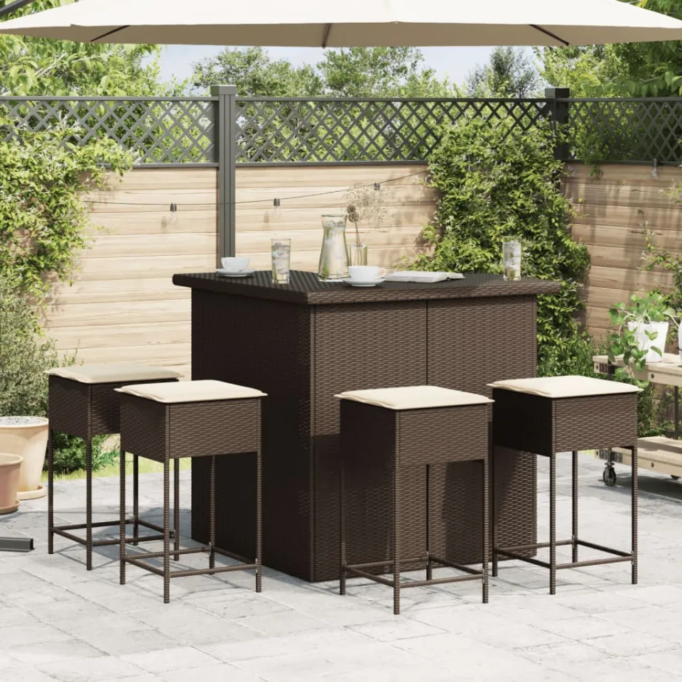 vidaXL 5-delige Tuinbarset met kussens poly rattan bruin, foto 2