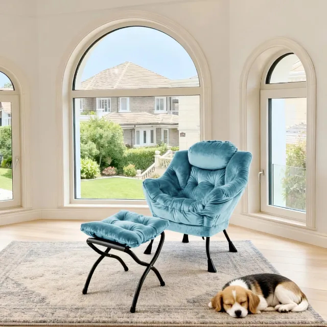 REDOM Fauteuil Met Hocker - Ergonomisch Hoofdkussen En Zijvak - Lounge - Woonkamer - Stof En Metaal - Blauw