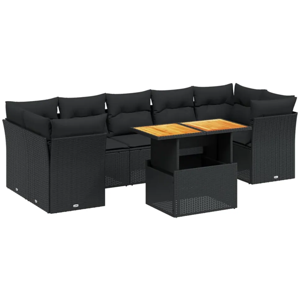vidaXL 8-delige Loungeset met kussens poly rattan zwart