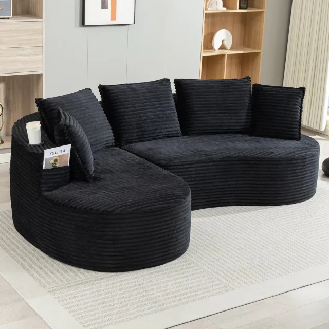 MIVRAY Hoekbank 250 x 152 cm - Met Bekerhouders En Zijvakken - Voor Woonkamer En Slaapkamer - Corduroy Zwart