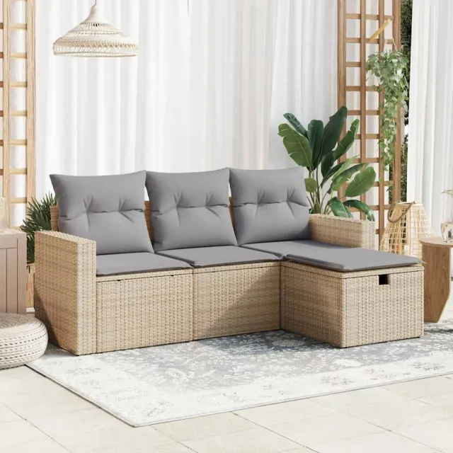 vidaXL 4-delige Loungeset met kussens poly rattan beige, foto 2