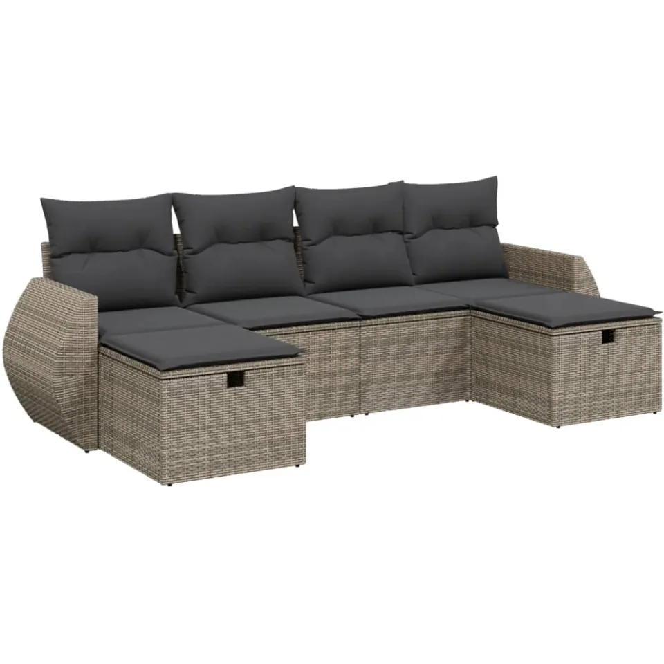 vidaXL 6-delige Loungeset met kussens poly rattan grijs, foto 3
